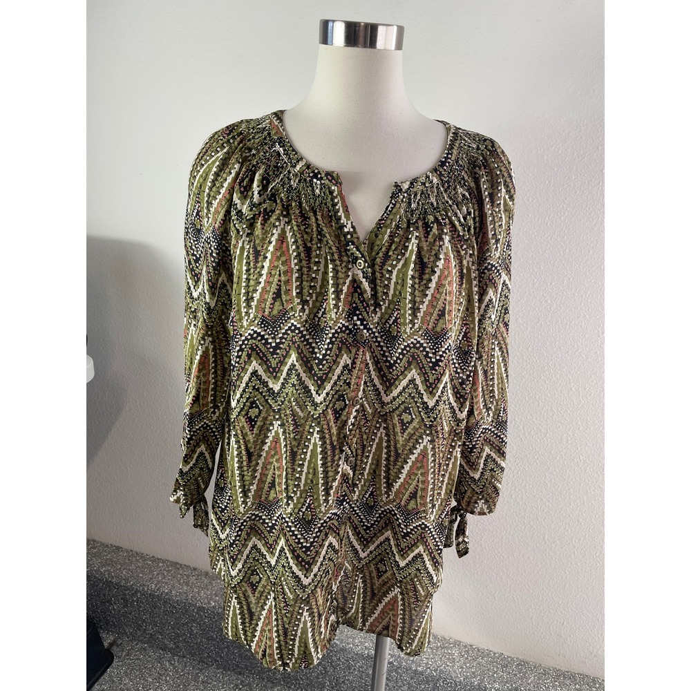 Westport 1962 Women Plus 1X Peasant Blouse Olive Green Pink Smocked Top Tie Cuff